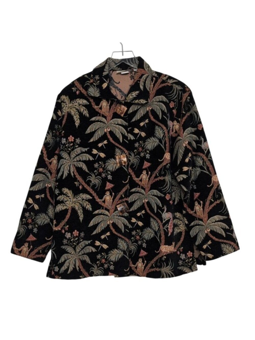 Painted Pony Jungle Tapestry Jacket Womens Size 1X Black Monkey Peacock Artsy